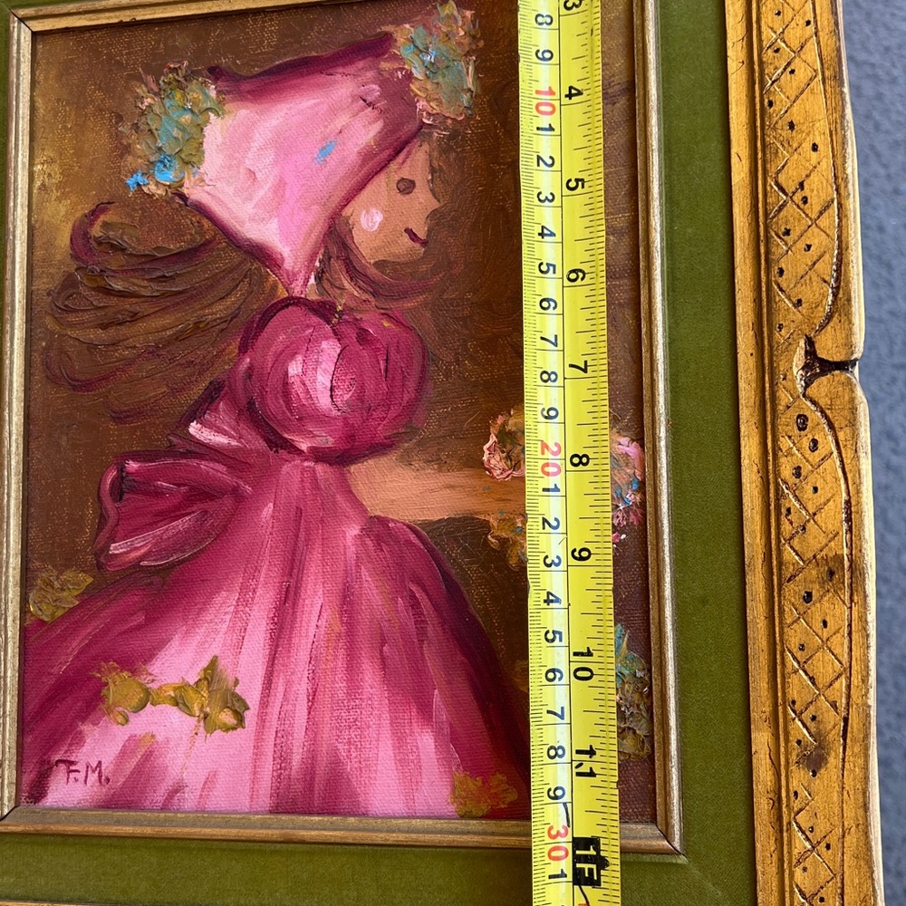 Vintage Italy Signed Oil Painting Gold Gilt Green Velvet Frame Girl W Flowers - Picture 15 of 16
